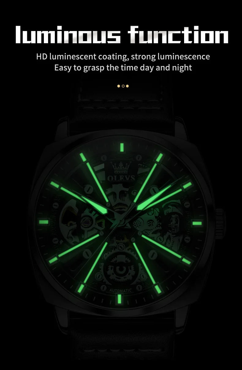 Montre automatique OLEVS 6685 pour homme, squelette doré, acier inoxydable, bracelet en cuir, étanche, sport, montres-bracelets mécaniques pour hommes