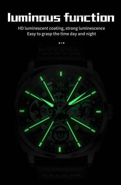 Montre automatique OLEVS 6685 pour homme, squelette doré, acier inoxydable, bracelet en cuir, étanche, sport, montres-bracelets mécaniques pour hommes