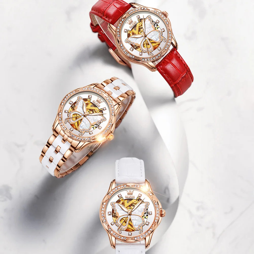 Montres automatiques OLEVS pour femmes de luxe en or rose squelette mécanique étanche lumineuse femmes bracelets montres ensemble élégant