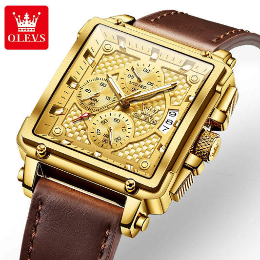 Montre à quartz OLEVS pour homme, grand cadran carré doré, bracelet en cuir étanche, affichage de la date, montre à quartz pour homme 9925