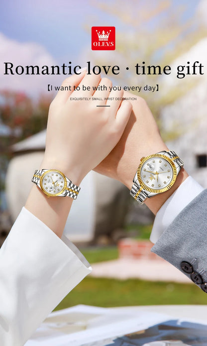 Ensemble de montres pour couple OLEVS Montre de luxe en or avec diamant Montre-bracelet à quartz lumineuse étanche Montre en acier inoxydable pour amoureux Cadeaux 5526