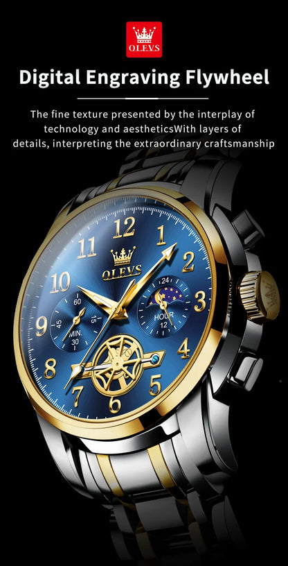 OLEVS Men's Watches Multifunctional Wristwatch for Men Waterproof Stainless Steel Luminous Flywheel Design Man Watch 2024 New
