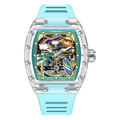 PINDU Men's Watch Silicone Strap Skeleton Dial with Luminous Design