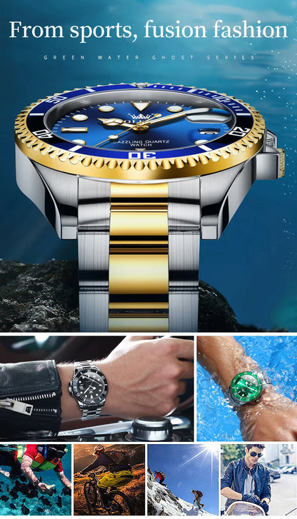 OLEVS Men Watch Diver Green Waterproof Watch for Men Stainless Steel Quartz Men Luxury Watch Luminous