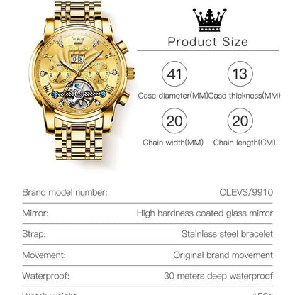 Montre mécanique automatique originale OLEVS 9910 pour hommes Tourbillon Skeleton Design Montre-bracelet pour hommes en acier inoxydable Phase de lune
