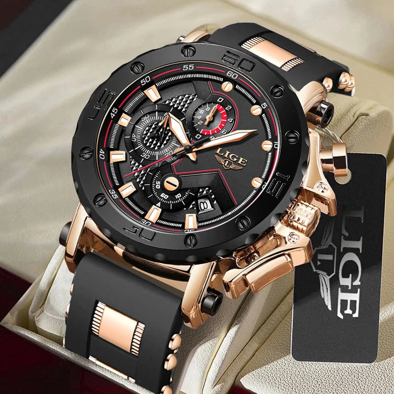 Relogio Masculino LIGE Fashion Men Watch Top Brand Luxury Sports Silicone Big Dial Quartz Wristwatch Chronograph Date Clock Male