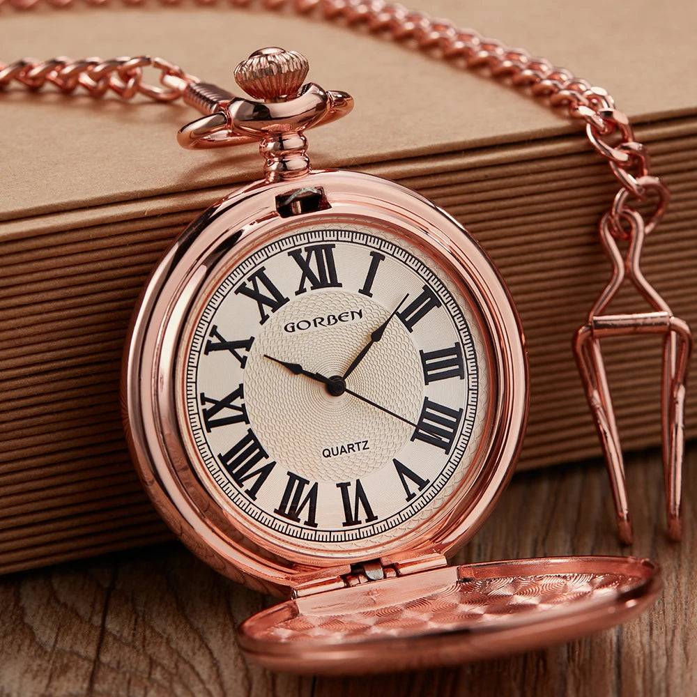 Vintage Rose Gold Smooth Quartz Pocket Watch Men Women Steampunk Pendant Fob Chain Roman Pocket Watch Men Clock Male