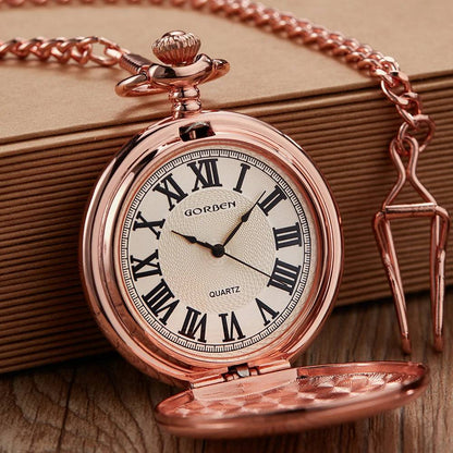 Vintage Rose Gold Smooth Quartz Pocket Watch Men Women Steampunk Pendant Fob Chain Roman Pocket Watch Men Clock Male