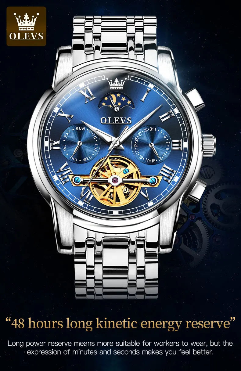 OLEVS Original Automatic Mechanical Watch for Men Luxury TOP Brand Waterproof Luminous Moon Phase Tourbillon Wristwatch Male