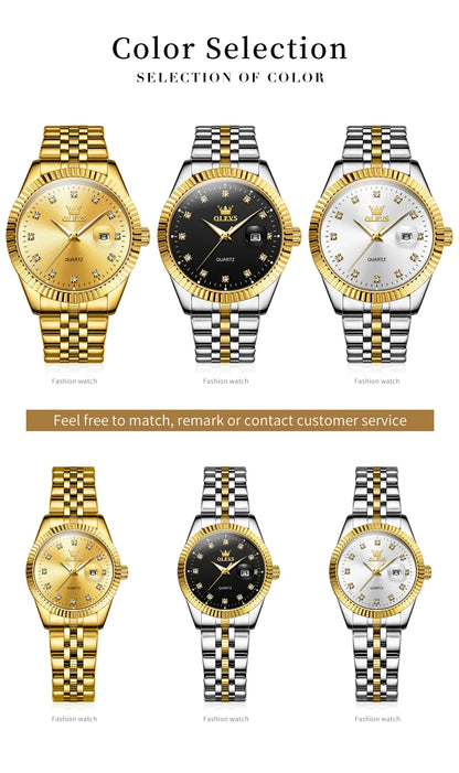 Ensemble de montres pour couple OLEVS Montre de luxe en or avec diamant Montre-bracelet à quartz lumineuse étanche Montre en acier inoxydable pour amoureux Cadeaux 5526