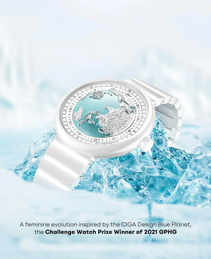 CIGA Design U Series Women's Watch: Blue Planet Ice Age Ceramic Strap.