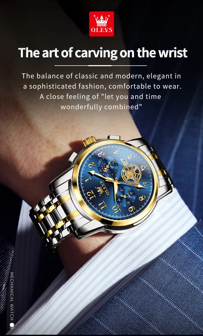 OLEVS Men's Watches Multifunctional Wristwatch for Men Waterproof Stainless Steel Luminous Flywheel Design Man Watch 2024 New
