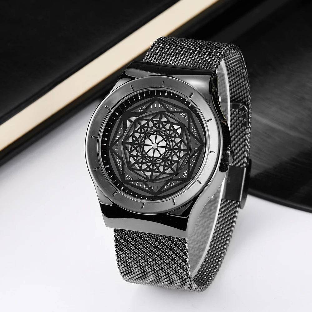 Watches Men Fasion Turntable No Pointer Quartz Watch Clock Mesh Band Male Wristwatch Relogio Masculino Gift For Men.