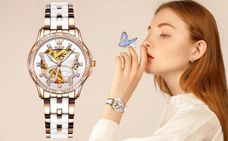 Montres automatiques OLEVS pour femmes de luxe en or rose squelette mécanique étanche lumineuse femmes bracelets montres ensemble élégant