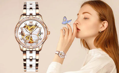 Montres automatiques OLEVS pour femmes de luxe en or rose squelette mécanique étanche lumineuse femmes bracelets montres ensemble élégant