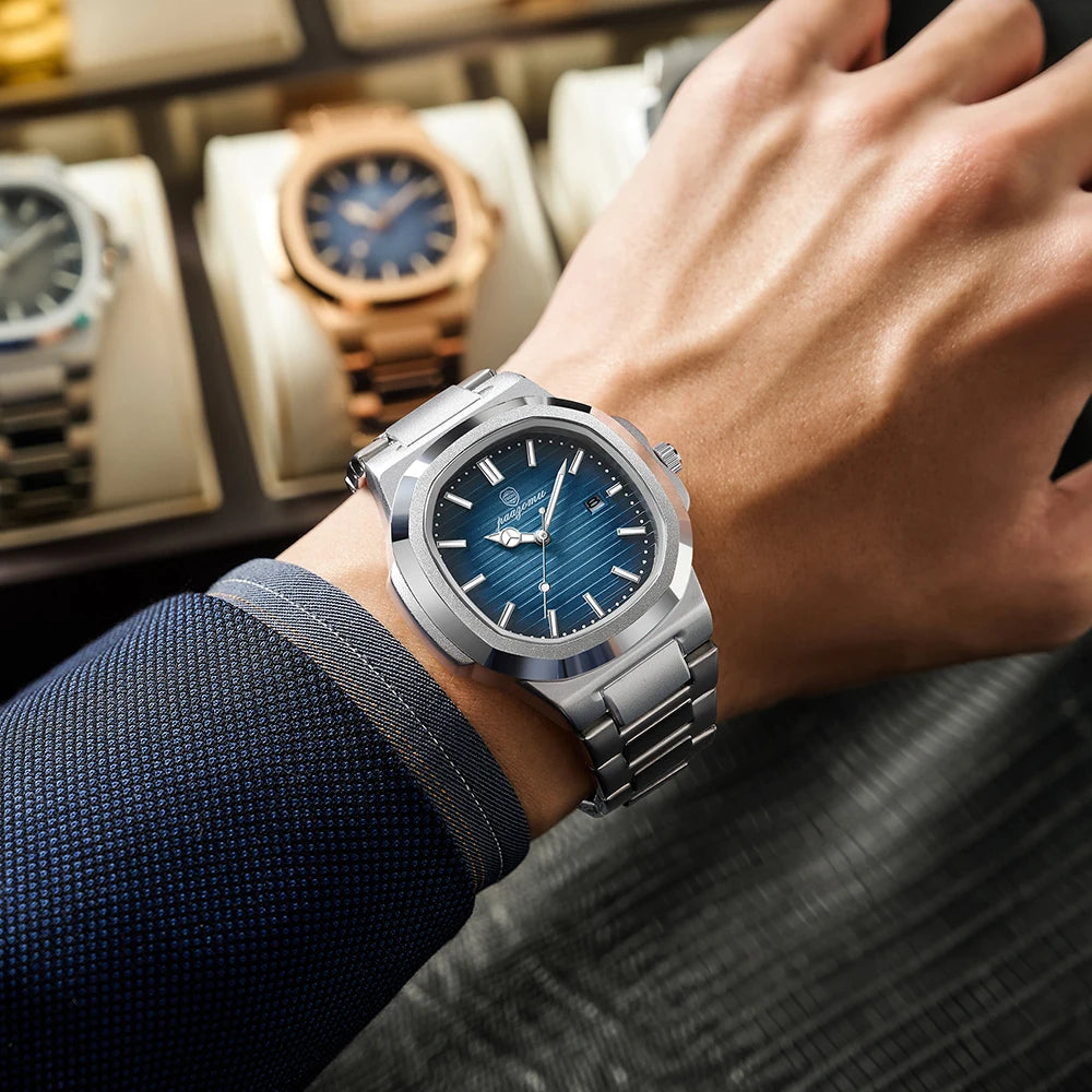 PAAZOMU Luxury Man Wristwatch Waterproof Luminous Week Watch for Men Stainless Steel Men's Quartz Watches reloj hombre Clock+box