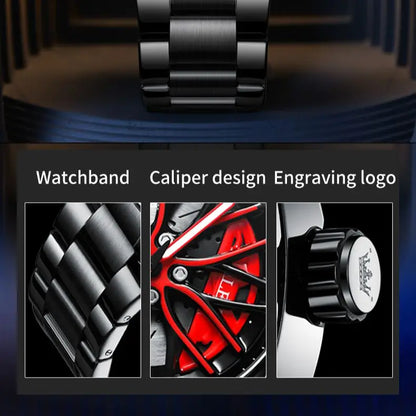 Montre à quartz OLEVS pour homme, bracelet en acier inoxydable rotatif à 360 °, jante de voiture de sport, moyeu de roue, squelette, montre-bracelet étanche