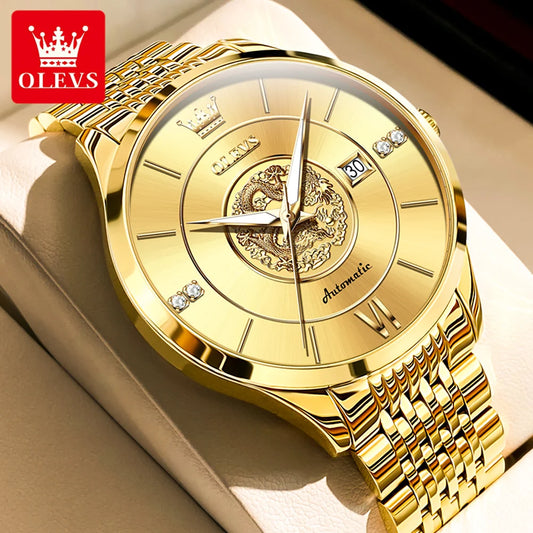 Montre-bracelet originale OLEVS Gold Dragon pour homme, montre-bracelet mécanique automatique pour affaires, étanche, lumineuse, marque TOP