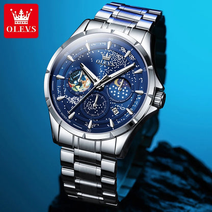 Montres pour hommes OLEVS 5538 avec bracelet en acier inoxydable, montre à quartz lumineuse, étanche, à la mode, avec phases de lune et ciel étoilé