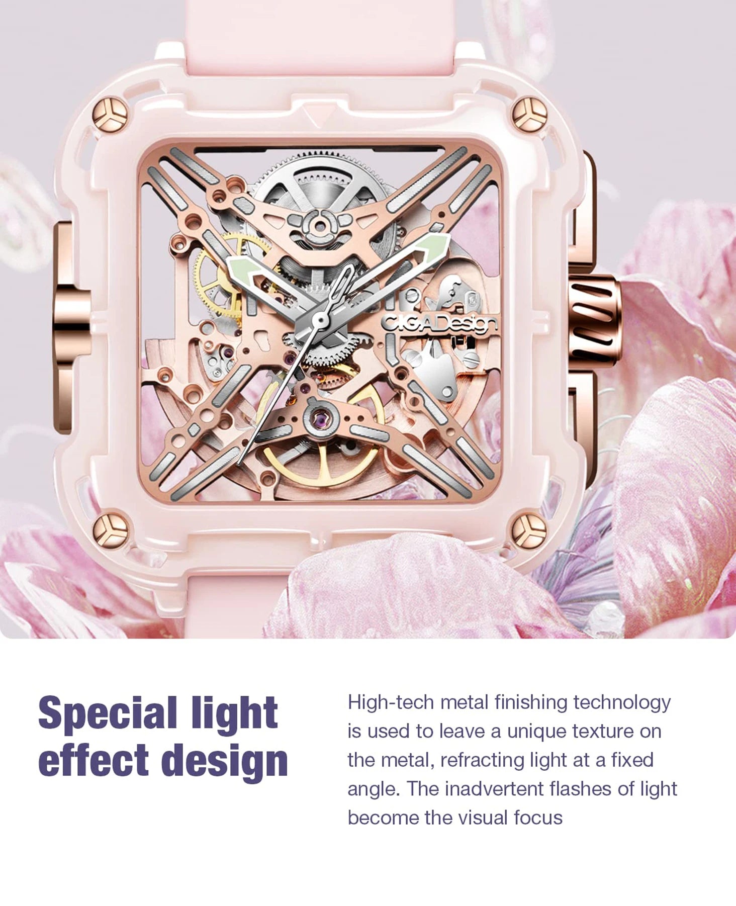 CIGA Design X Series Women's Watch: Pink Ceramic Skeleton with Soft Silicone Strap.