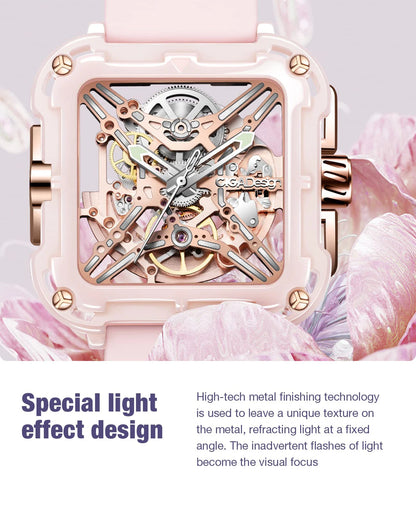 CIGA Design X Series Women's Watch: Pink Ceramic Skeleton with Soft Silicone Strap.