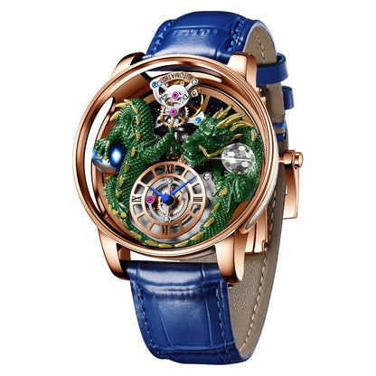 PINDU Men's Watch: Handmade Dragon Design with Curved Transparent Mirror