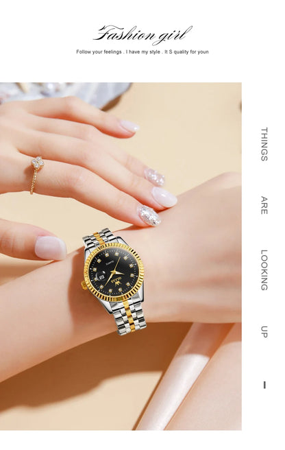 Ensemble de montres pour couple OLEVS Montre de luxe en or avec diamant Montre-bracelet à quartz lumineuse étanche Montre en acier inoxydable pour amoureux Cadeaux 5526