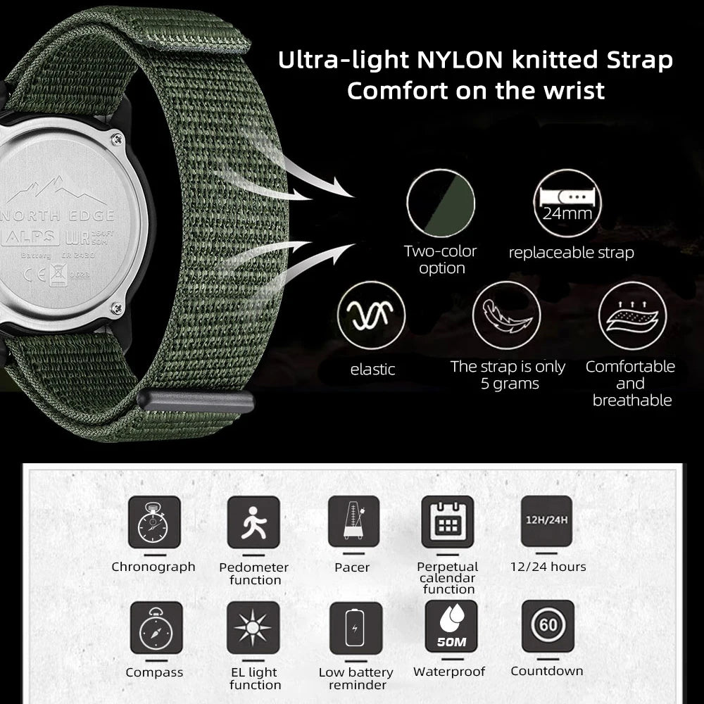 NORTH EDGE ALPS Men's Carbon Fiber Digital Watch Shock Militray Sports Super Light Outdoor Compass Waterproof 50M Wristwatches
