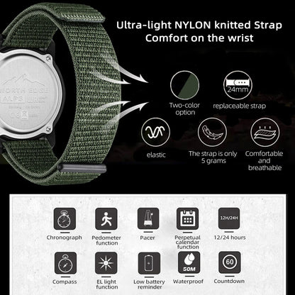 NORTH EDGE ALPS Men's Carbon Fiber Digital Watch Shock Militray Sports Super Light Outdoor Compass Waterproof 50M Wristwatches