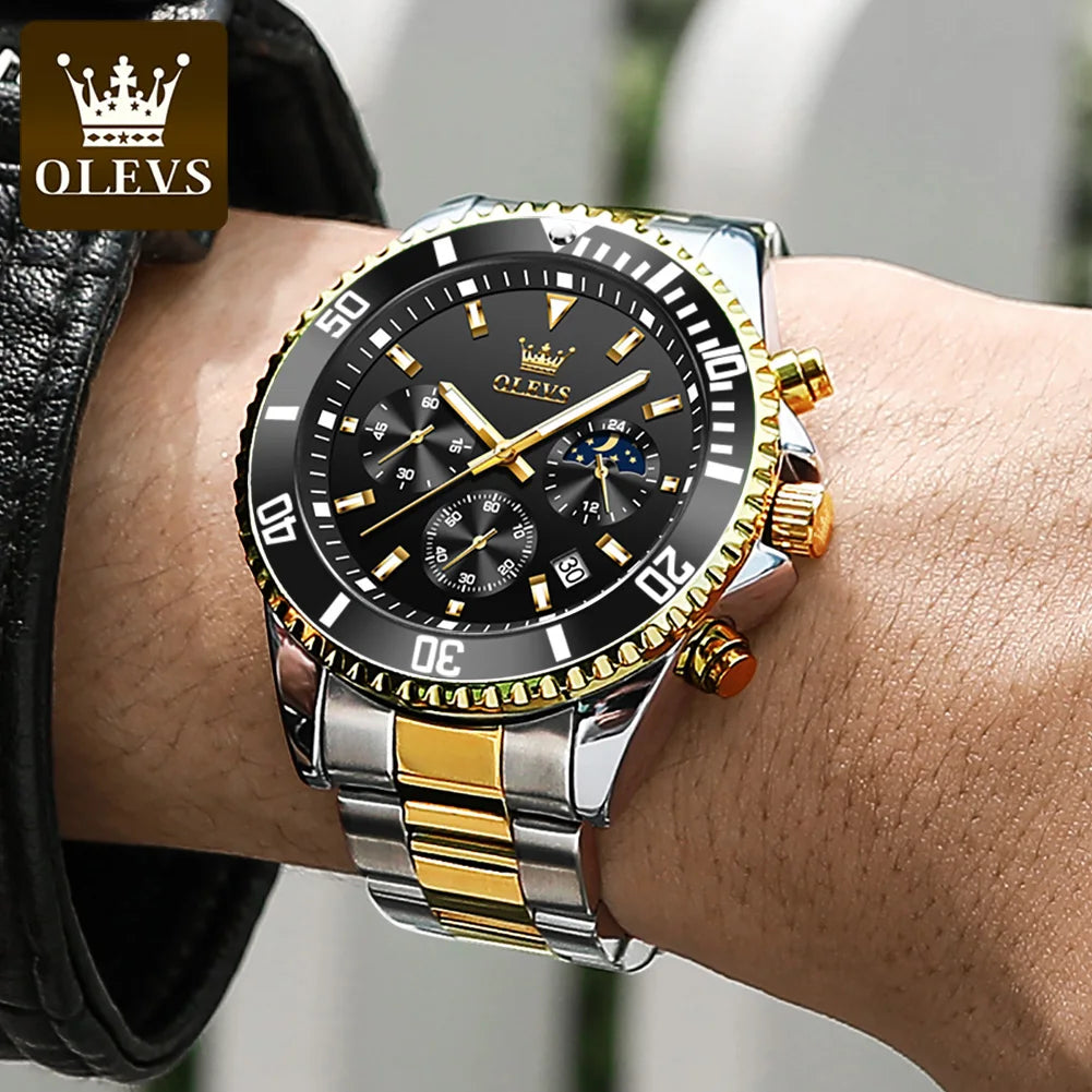 OLEVS Montre Homme Acier Inoxydable Étanche Luiminous Business Mode Luxe Montre Homme Date Phase De Lune Montres À Quartz Pour Hommes