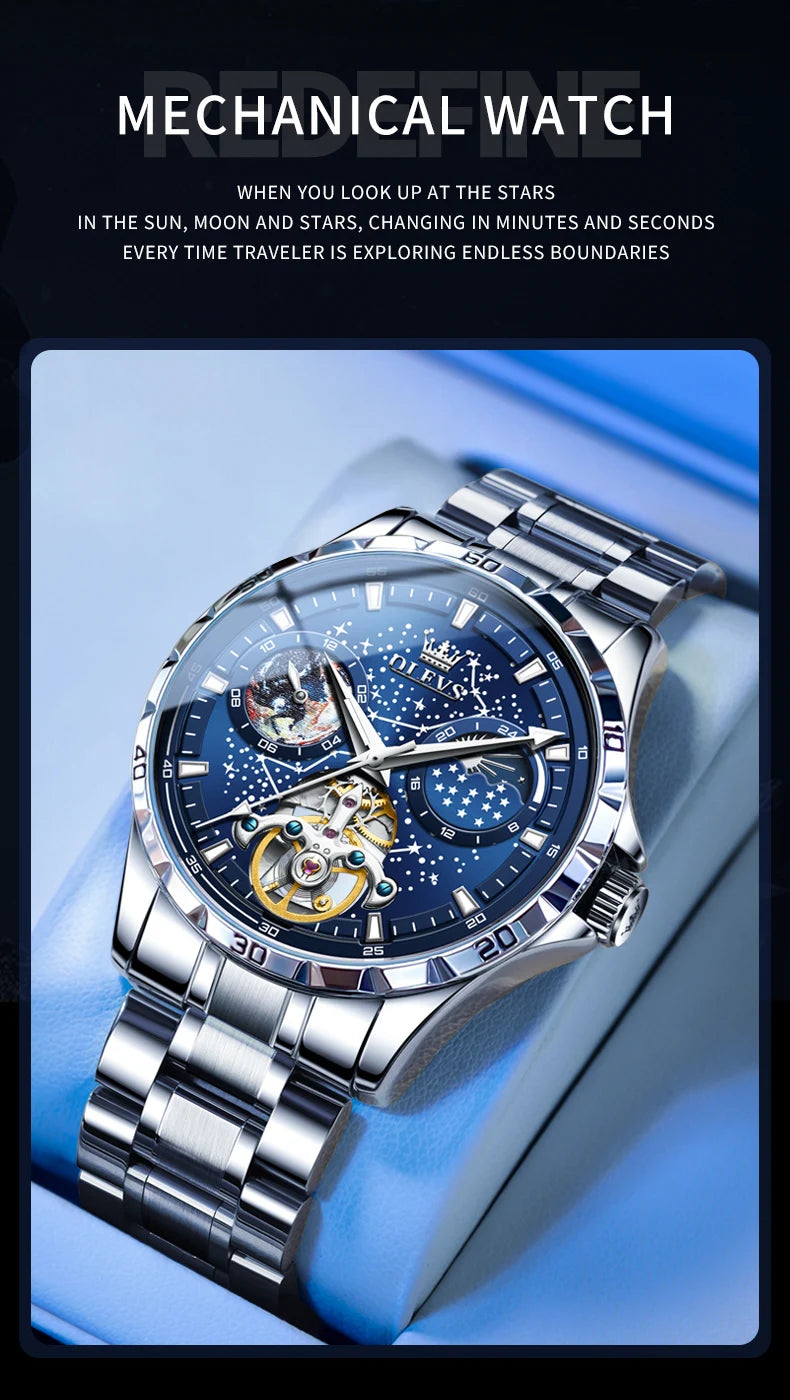 OLEVS New Men's Automatic Watch Skeleton Multifunctional Starry Sky Stainless Steel Leather Watchband Luxury Dress Wrist Watches
