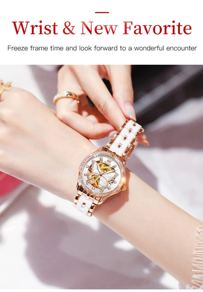 Montres automatiques OLEVS pour femmes de luxe en or rose squelette mécanique étanche lumineuse femmes bracelets montres ensemble élégant