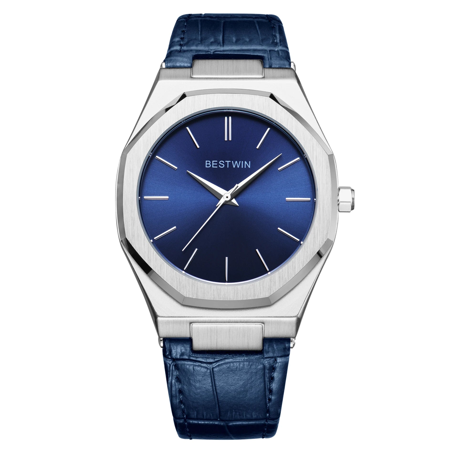 Top Brand New Watch Fashion Design Leisure Business Silver Blue Leather 3ATM Waterproof Quartz Mens Watch Reloj Hombre.