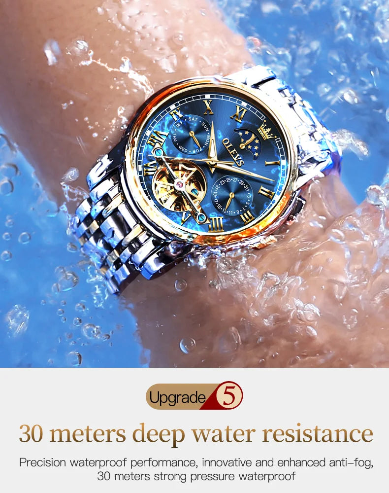 OLEVS Original Automatic Mechanical Watch for Men Luxury TOP Brand Waterproof Luminous Moon Phase Tourbillon Wristwatch Male