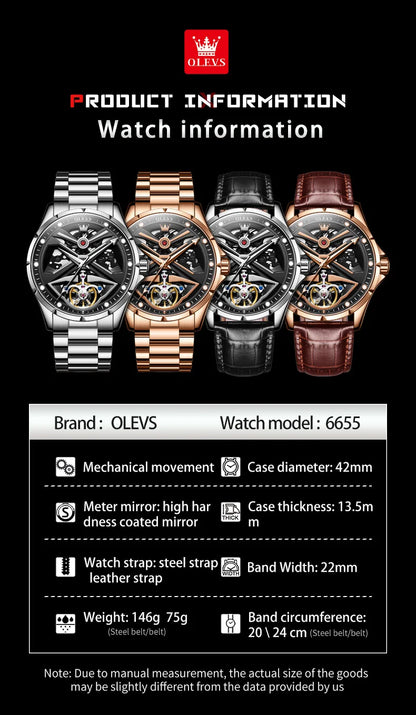 Montre automatique OLEVS pour homme squelette original lumineux étanche bracelet en cuir acier inoxydable montre mécanique pour homme or rose