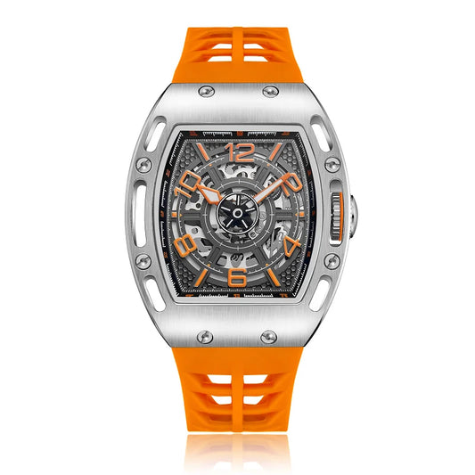 High Quality 50 Meters Waterproof See Through Skeleton Dial Orange Silicone Band Men Quartz Watch