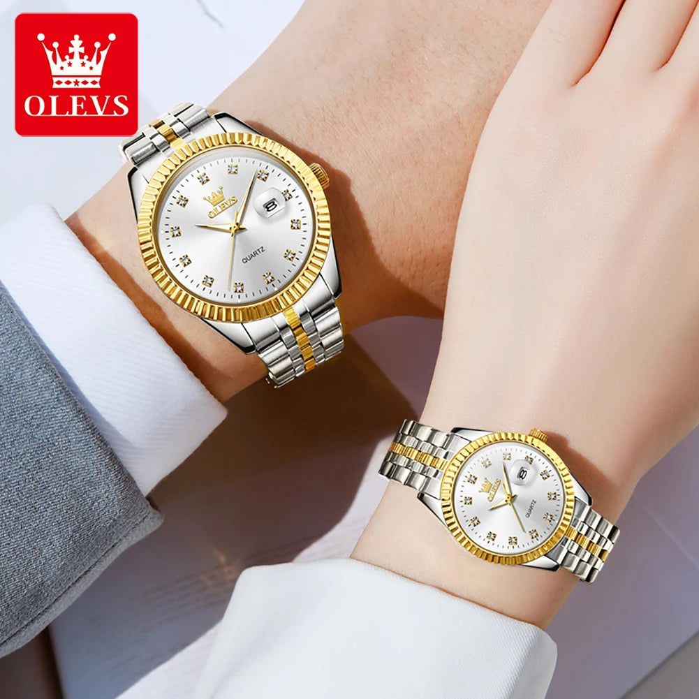 Ensemble de montres pour couple OLEVS Montre de luxe en or avec diamant Montre-bracelet à quartz lumineuse étanche Montre en acier inoxydable pour amoureux Cadeaux 5526