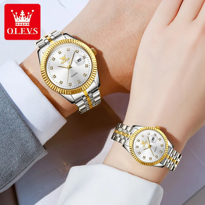 Ensemble de montres pour couple OLEVS Montre de luxe en or avec diamant Montre-bracelet à quartz lumineuse étanche Montre en acier inoxydable pour amoureux Cadeaux 5526