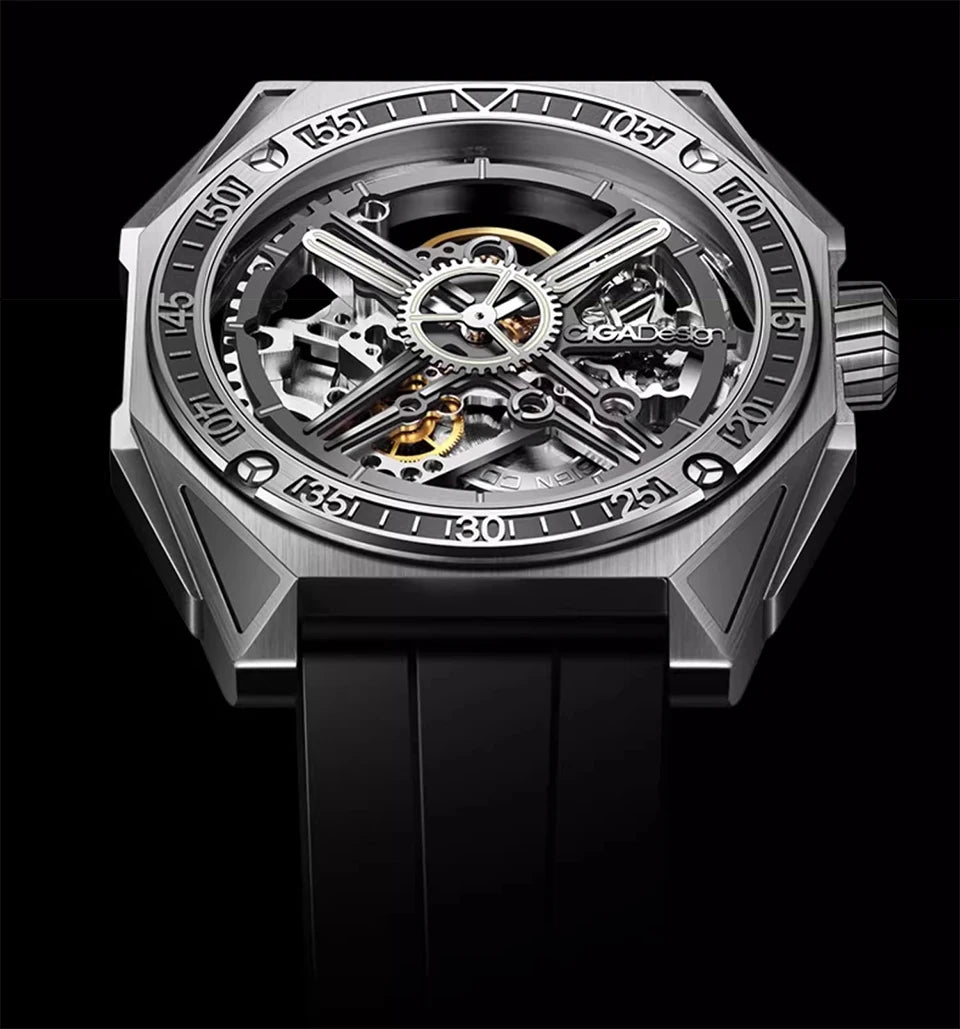 CIGA Design Men's Watch: 3-in-1 Titanium Skeleton with Fluororubber Strap.