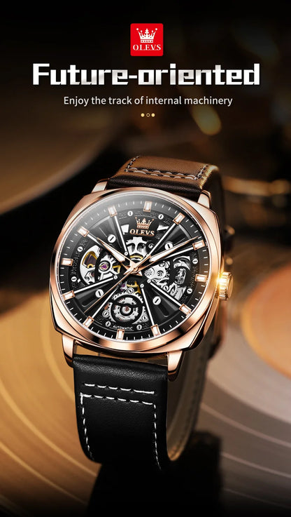 Montre automatique OLEVS 6685 pour homme, squelette doré, acier inoxydable, bracelet en cuir, étanche, sport, montres-bracelets mécaniques pour hommes
