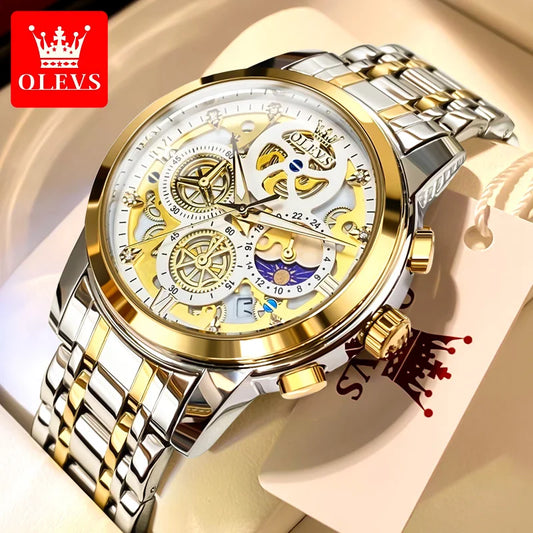 Montre à quartz pour homme OLEVS squelette en acier inoxydable étanche montre d'affaires de luxe lumineuse en or montre à quartz pour homme Reloj Hombre