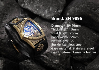 SHENHUA Luxury Skeleton Dial Men's Automatic Mechanical Watch Antique Bronze Steampunk Triangle Wristwatches.