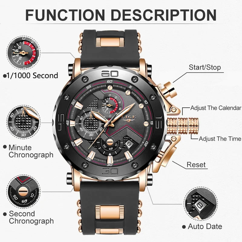 Relogio Masculino LIGE Fashion Men Watch Top Brand Luxury Sports Silicone Big Dial Quartz Wristwatch Chronograph Date Clock Male