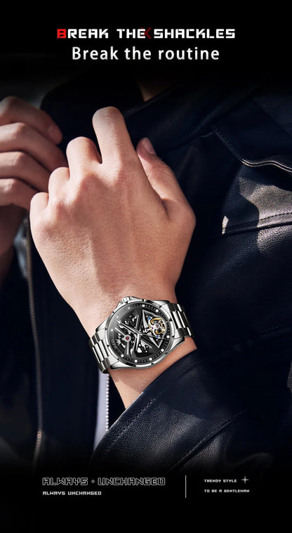 Montre automatique OLEVS pour homme squelette original lumineux étanche bracelet en cuir acier inoxydable montre mécanique pour homme or rose