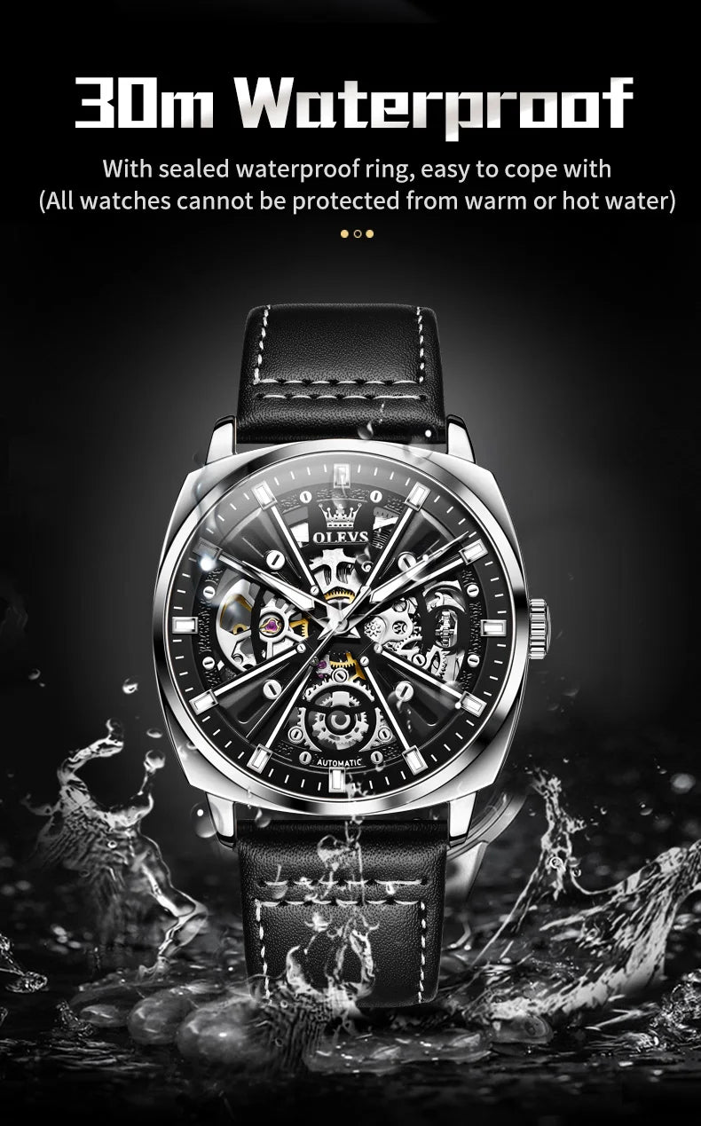 Montre automatique OLEVS 6685 pour homme, squelette doré, acier inoxydable, bracelet en cuir, étanche, sport, montres-bracelets mécaniques pour hommes
