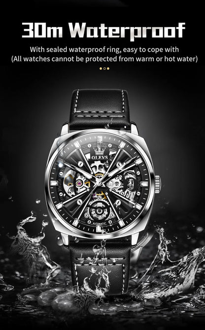 Montre automatique OLEVS 6685 pour homme, squelette doré, acier inoxydable, bracelet en cuir, étanche, sport, montres-bracelets mécaniques pour hommes