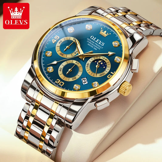 Montre à quartz originale OLEVS pour hommes, chronographe, phase de lune, date, lumineuse, étanche, montre-bracelet de luxe pour hommes