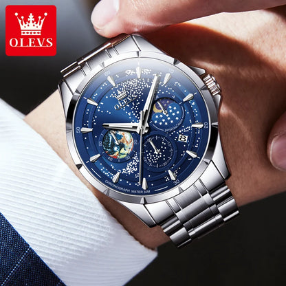 Montres pour hommes OLEVS 5538 avec bracelet en acier inoxydable, montre à quartz lumineuse, étanche, à la mode, avec phases de lune et ciel étoilé