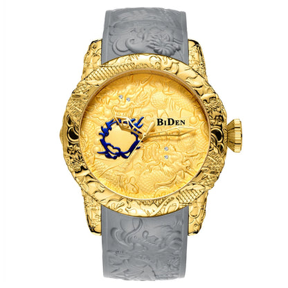 BIDEN Waterproof Sports MAN Watches Dragon Design Quartz Watch for Men Silicone Strap Wristwatch Male Clock Relogio Masculino