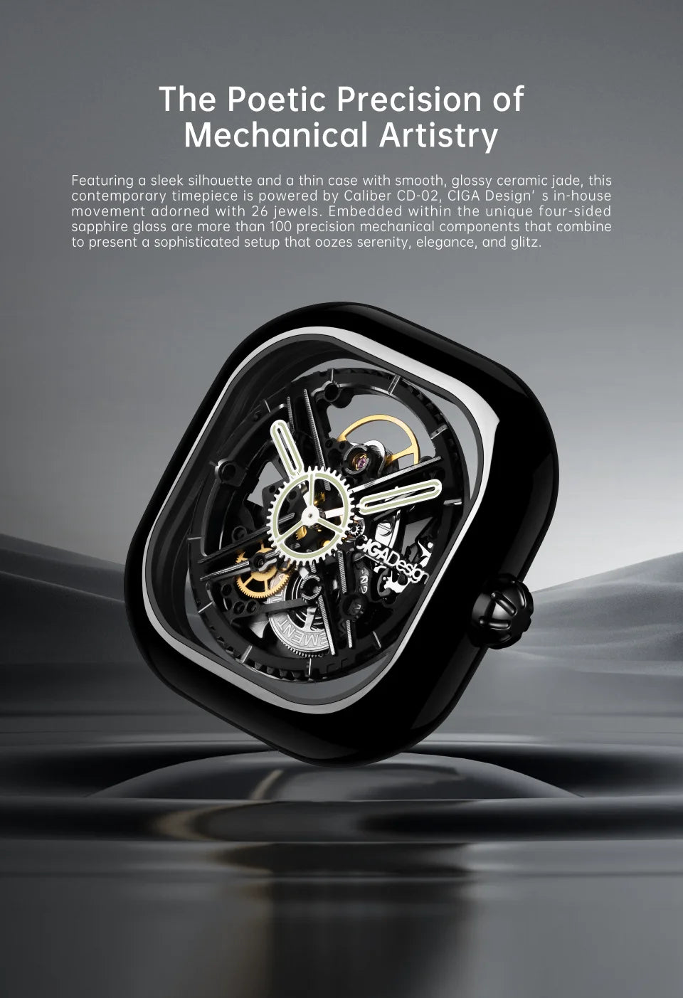 CIGA Design Y Series Watch: Eastern Jade Black Skeleton with Luminous Ceramic Case.